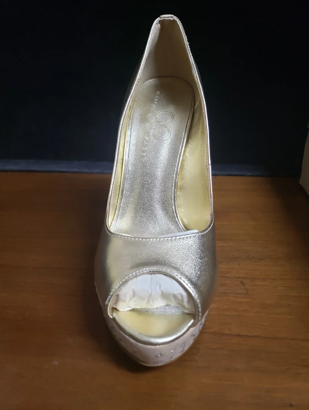 Metallic Gold Platform Peep-Toe High Heels with Crystal Embellished Heel